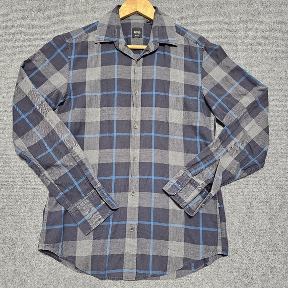 Hugo Boss Other - Hugo Boss Slim Fit Blue Gray Plaid Button Up Shirt Mens S Cotton Cashmere Blend